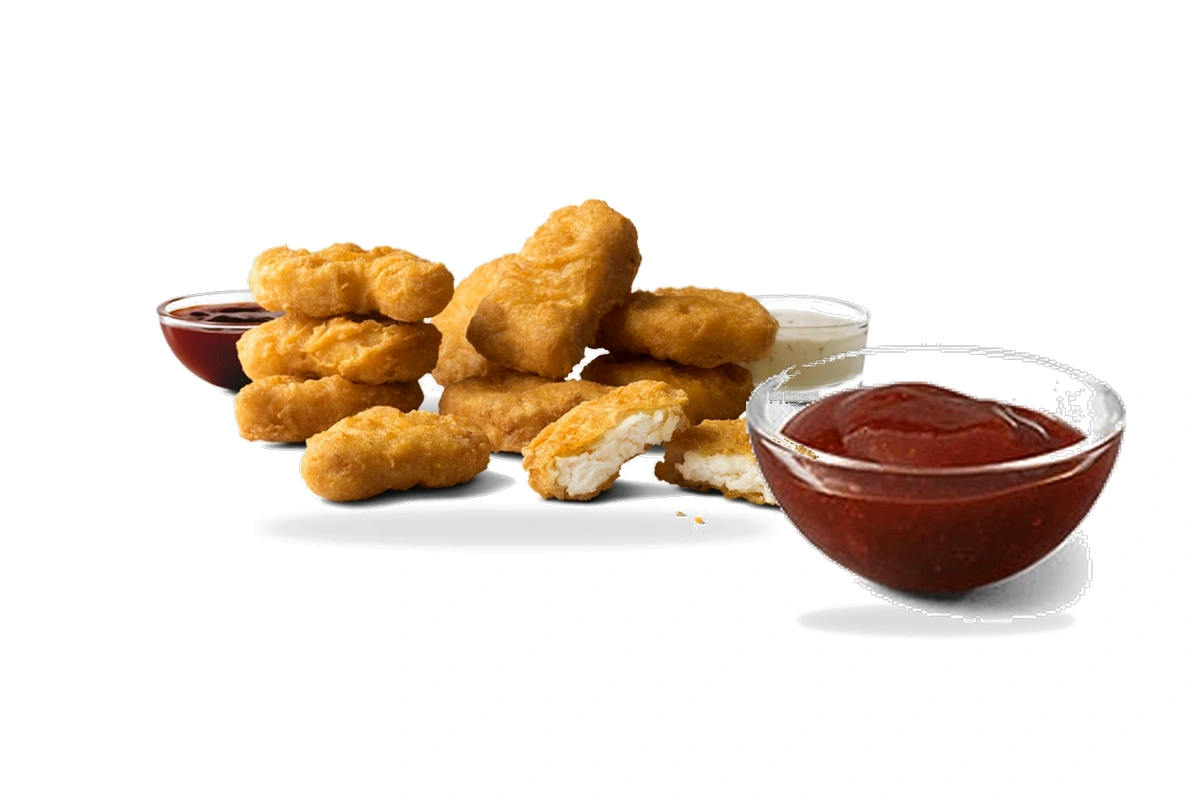McDonald's 10 Piece Chicken McNuggets box with signature dipping sauces on a pure white background