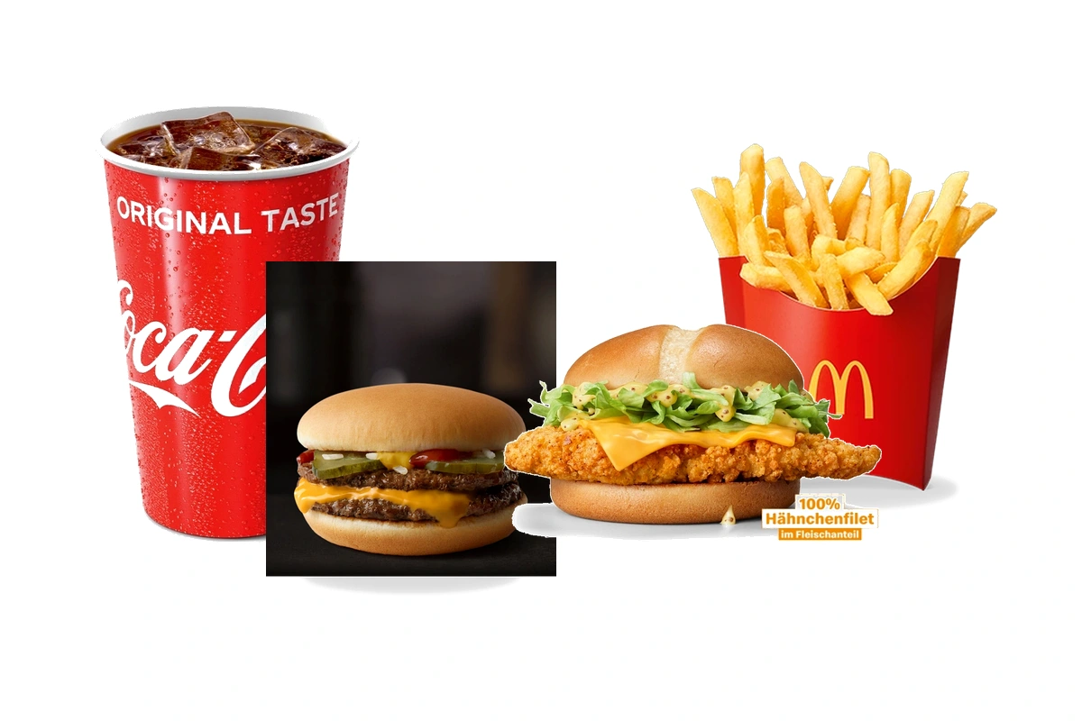 McDonald's Dollar Menu and McValue meal selection featuring McDouble, McChicken, Chicken McNuggets, Fries, and Drink on a pure white background