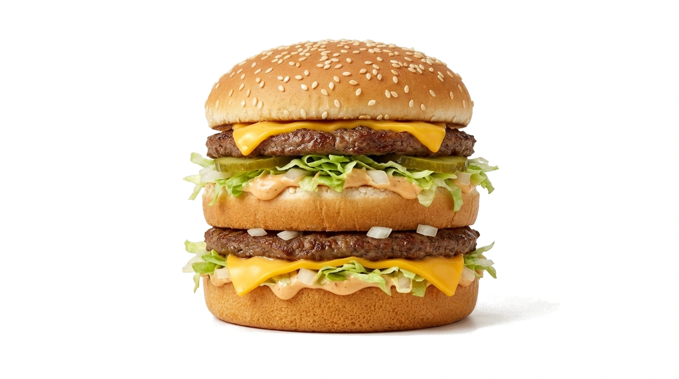 McDonald's Big Mac burger with two 100% beef patties, special Big Mac sauce, shredded lettuce, American cheese, pickles, and sesame bun