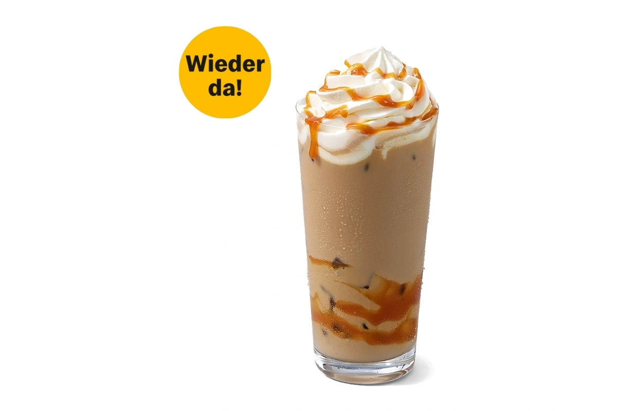 McDonald's McCafe Caramel Frappe blended iced coffee drink topped with whipped light cream and caramel drizzle