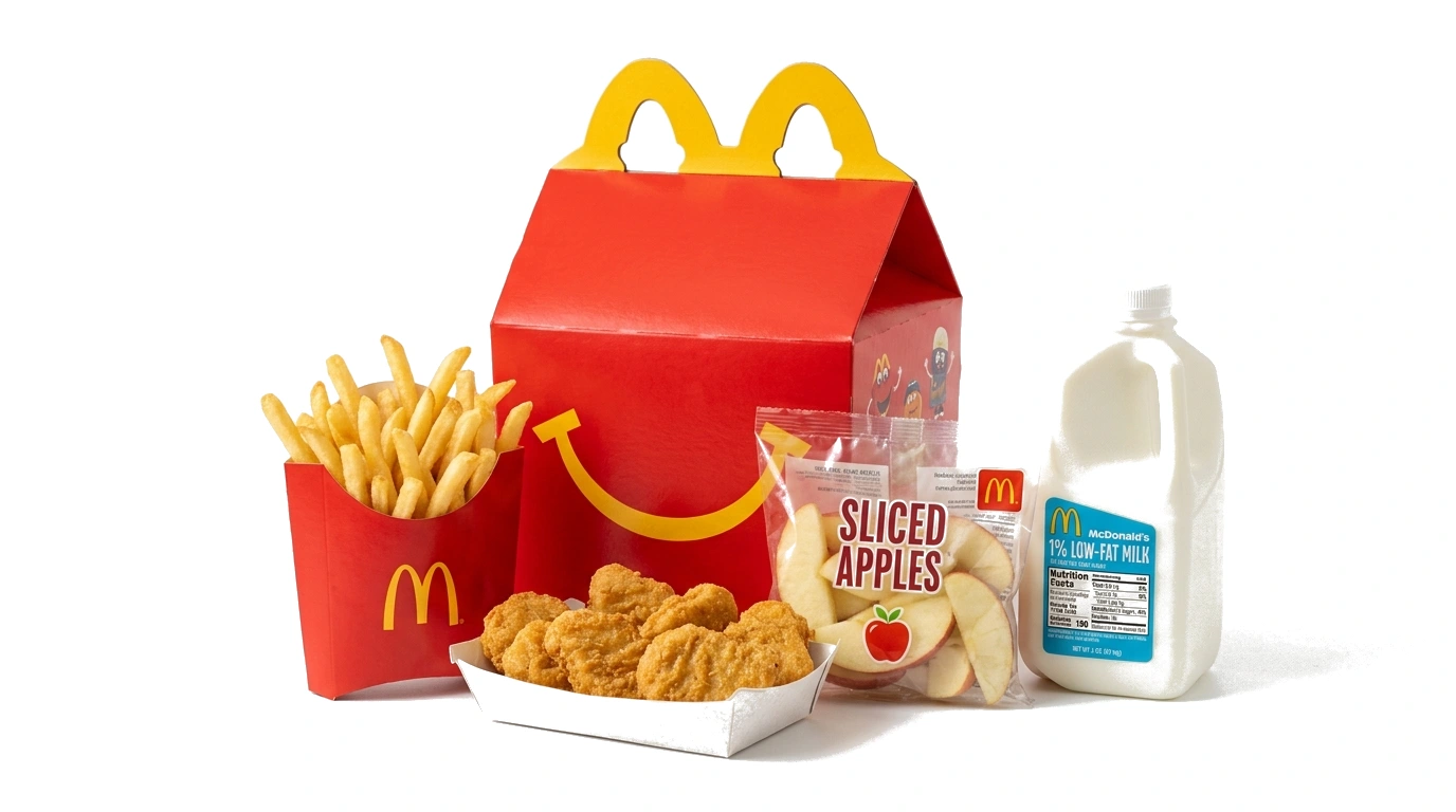 McDonald's Happy Meal with red Happy Meal box, 4-piece Chicken McNuggets, Kids Fries, Apple Slices, and 1% Low Fat Milk Jug on a pure white background