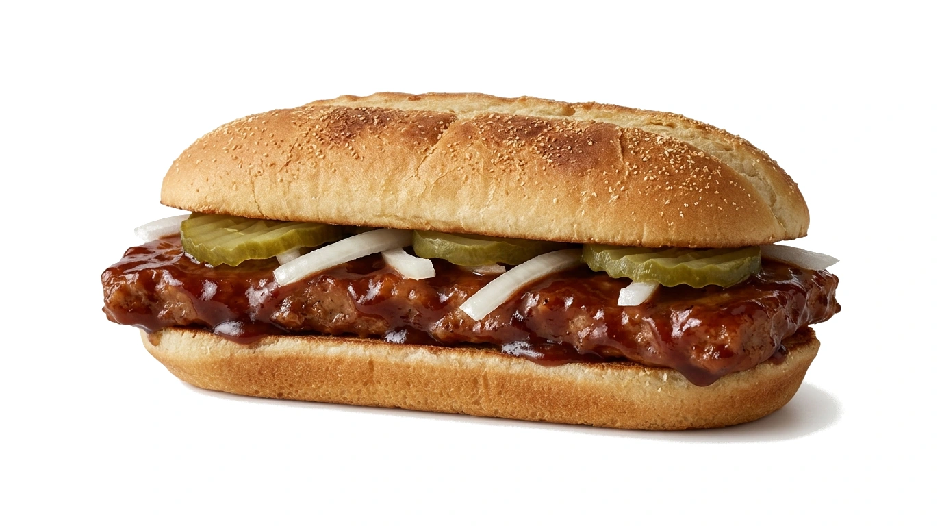 McDonald's McRib sandwich with tangy barbecue sauce, slivered onions, and dill pickles on a toasted homestyle roll