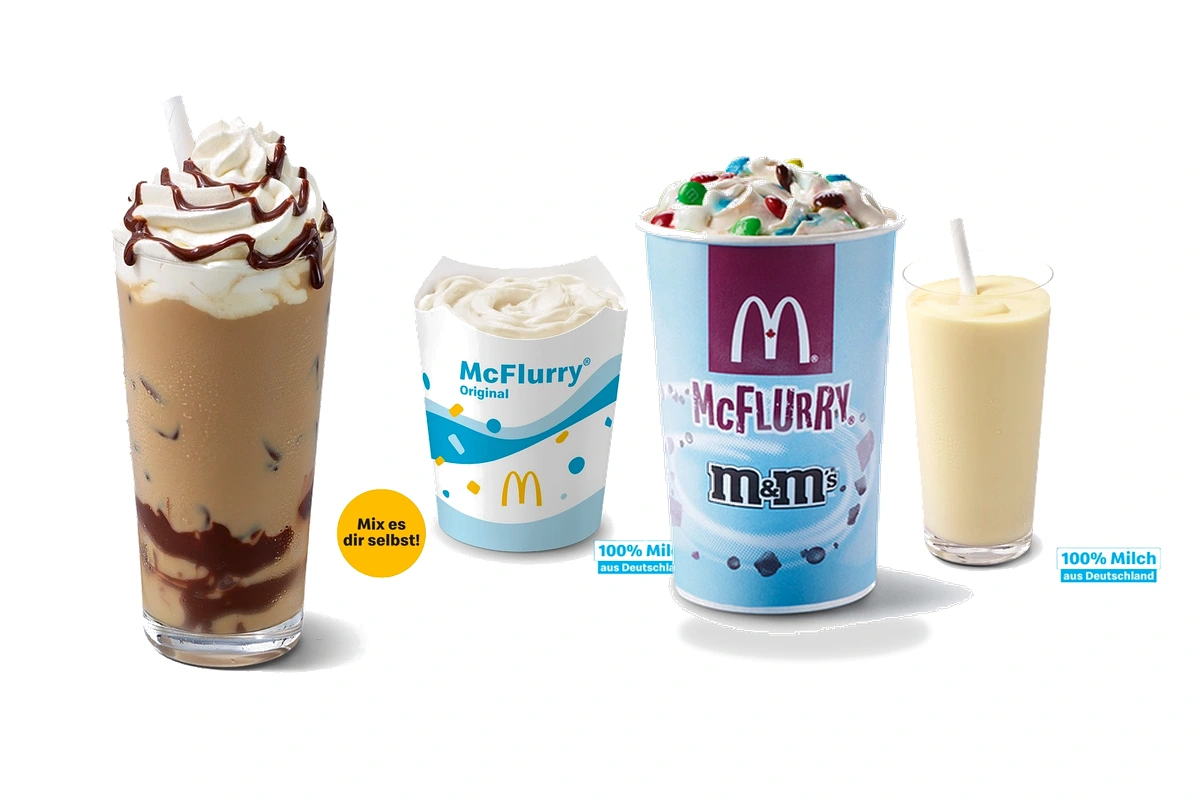 McDonald's Sweets and Treats Menu featuring Chocolate Shake, OREO McFlurry, M&M's McFlurry, and Vanilla Soft Serve Cone