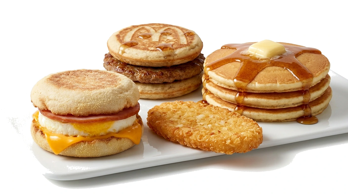 McDonald's Breakfast Menu Spread with Egg McMuffin, Sausage McGriddle, Crispy Hash Brown, and Hotcakes